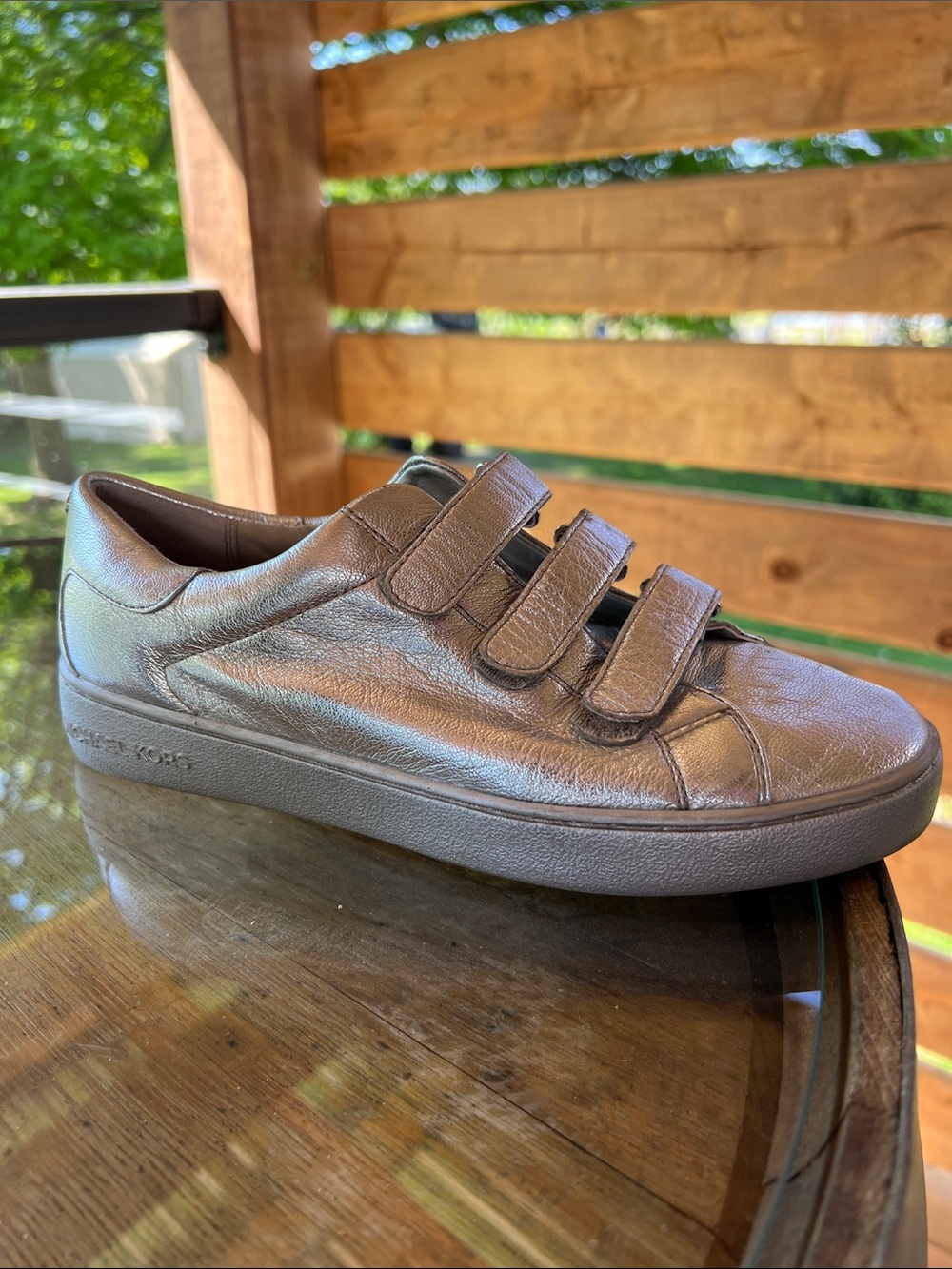 MICHAEL KORS Silver Leather Triple Strap Sneaker